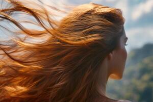 Woman with flowing red hair gazes into the distant mountains on a windy day in an outdoor landscape photo