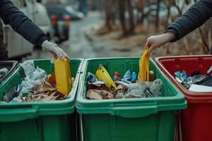 Two people sorting waste into recycling bins in an urban area on a sunny day photo