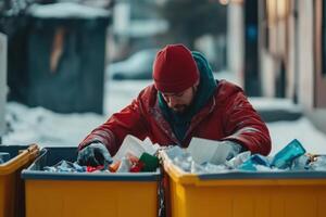 Man sorting through recycling bins on a snowy street in a quiet urban area during late afternoon photo