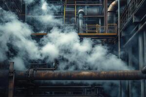Industrial setting with smoke billowing from pipes in an expansive factory environment photo