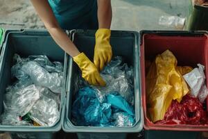 Person sorting plastic waste into colored recycling bins in a community clean-up event during daytime photo