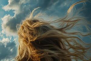 Flowing hair dances in the wind against a dramatic sky in the late afternoon photo