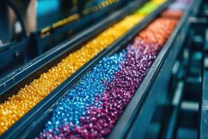 Colorful plastic pellets in a conveyor system at a manufacturing facility during daytime operations photo