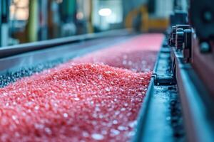 Colorful granules move along a conveyor belt in a vibrant manufacturing facility photo