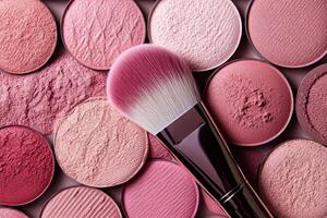 Various shades of blush and a brush arranged artistically on a flat surface for makeup application photo