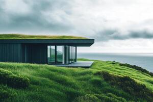 Modern house with green roof overlooking ocean waves under cloudy sky in coastal landscape photo