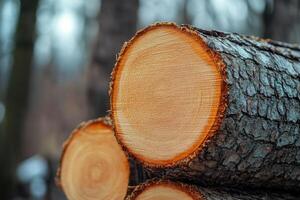 Freshly cut tree logs showcasing intricate patterns and textures in a forest during the winter season photo