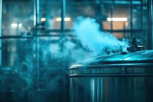 Steam rises from a large stainless steel tank in a dim industrial facility at night photo