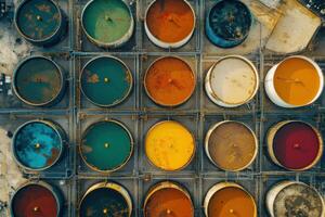 Colorful tank storage facility viewed from above showcasing diverse liquid contents and industrial setup photo