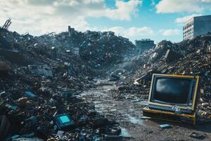 Piles of electronic waste fill a landfill site under a cloudy sky at midday photo