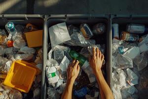People sorting recyclable waste in a bin during the day to promote environmental sustainability photo