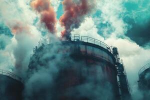 Industrial facility releases plumes of smoke and steam against a moody sky during the day photo