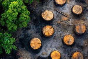Deforestation impacts evident in cleared land showing cut tree stumps amidst untouched green vegetation photo