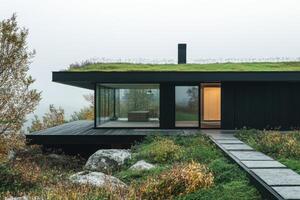 Modern black house with green roof surrounded by nature on a misty day photo