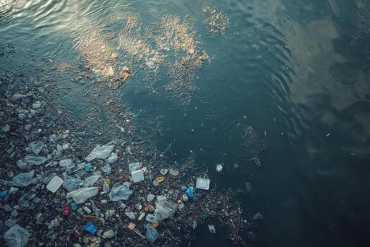 Urban pollution in a river showcases the impact of waste on the environment photo