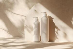 Simple and elegant skincare bottles displayed in a softly lit setting with shadows and subtle textures photo