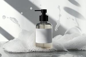 Clear liquid soap dispenser surrounded by foamy suds under soft light with dark shadows creating visual interest photo