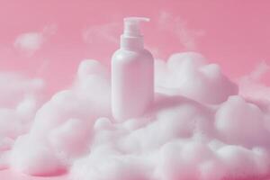 Brandless white lotion bottle surrounded by fluffy pink clouds evokes a soothing and calming atmosphere photo