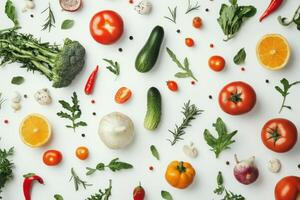 Fresh vegetables and fruits arranged artistically on a white background showcasing vibrant colors and textures photo
