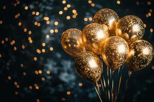 Gold balloons with confetti against a blurred sparkling background create a festive atmosphere for celebration photo
