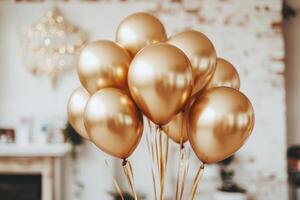 Festive gold balloons creating a cheerful atmosphere in a cozy indoor setting photo