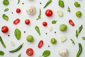 Colorful assortment of fresh vegetables and herbs arranged on a light background for a culinary project photo