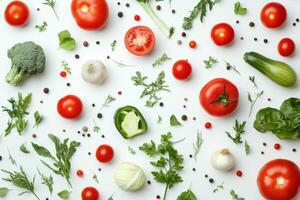 Fresh vegetables and herbs arranged artistically on a clean white surface for culinary inspiration photo
