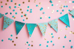 Colorful party decorations with blue and gold accents create a festive atmosphere for celebrations photo