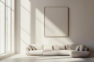 Modern minimalist living room with large windows and neutral color palette for bright and airy ambiance photo