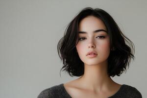 Portrait of a young woman with short hair and natural makeup in a minimalistic setting photo