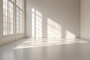 Bright empty room with sunlight streaming through large windows creating soft shadows on the floor photo