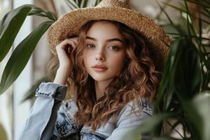 Young woman poses gracefully among indoor plants wearing a stylish straw hat and denim jacket photo