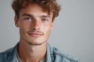 Young man with curly hair and denim jacket smiles at the camera in a well-lit indoor setting photo