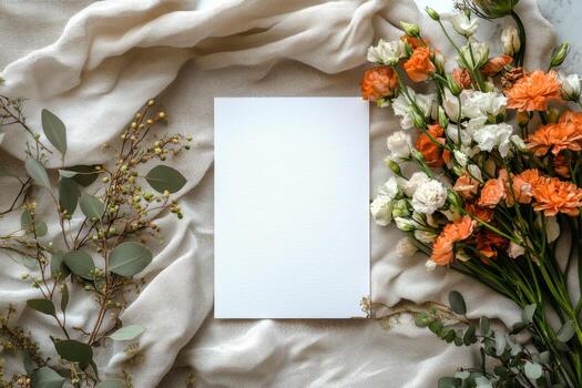 Elegant floral arrangement featuring white paper on textured fabric with vibrant flowers in a serene setting photo