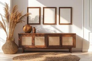 Stylish wooden sideboard with natural decor in a sunlit room photo