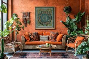 Cozy living room with orange walls and natural decor creating a warm and inviting atmosphere photo
