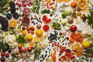 Vibrant assortment of fresh fruits and vegetables displayed on a neutral background in an artistic arrangement during daylight photo