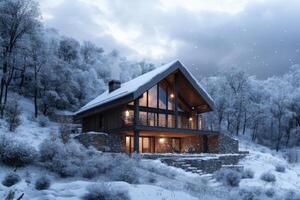 Cozy winter cabin surrounded by snow-covered trees in a serene mountain landscape at dusk photo