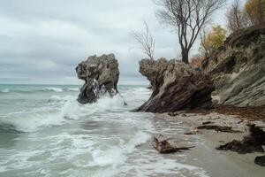 Waves crash against rocky shoreline under cloudy sky near a tree-lined coast in autumn photo