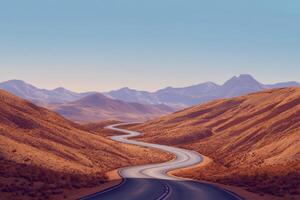 Winding road through arid landscape with mountains in the background at sunset photo