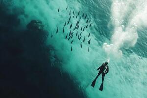 Diver exploring underwater landscape with schools of fish in clear blue water during daytime in tropical setting photo
