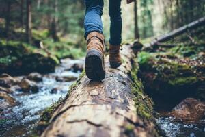 Walking along a fallen tree over a stream in a forest during a sunny day photo
