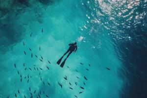 Diver exploring underwater scenery among tropical fish in clear blue ocean water photo