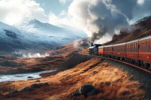 Majestic steam train travels through scenic mountain terrain with rolling hills and snow-capped peaks photo