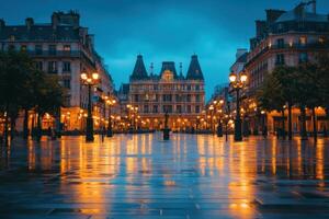 Evening illumination over historic square in Paris reflecting on wet pavement photo