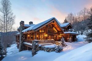 Cozy mountain retreat with warm lights surrounded by snow at dusk photo
