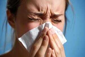 Woman experiencing intense emotions while holding a tissue to her face in a calm blue environment photo
