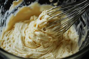 Creamy cake batter being whisked in a clear mixing bowl in a well-lit kitchen photo