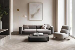 Modern living room design with sleek furniture and natural light in a minimalist space photo