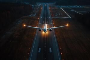 Airplane landing on illuminated runway during twilight in a remote airport location photo